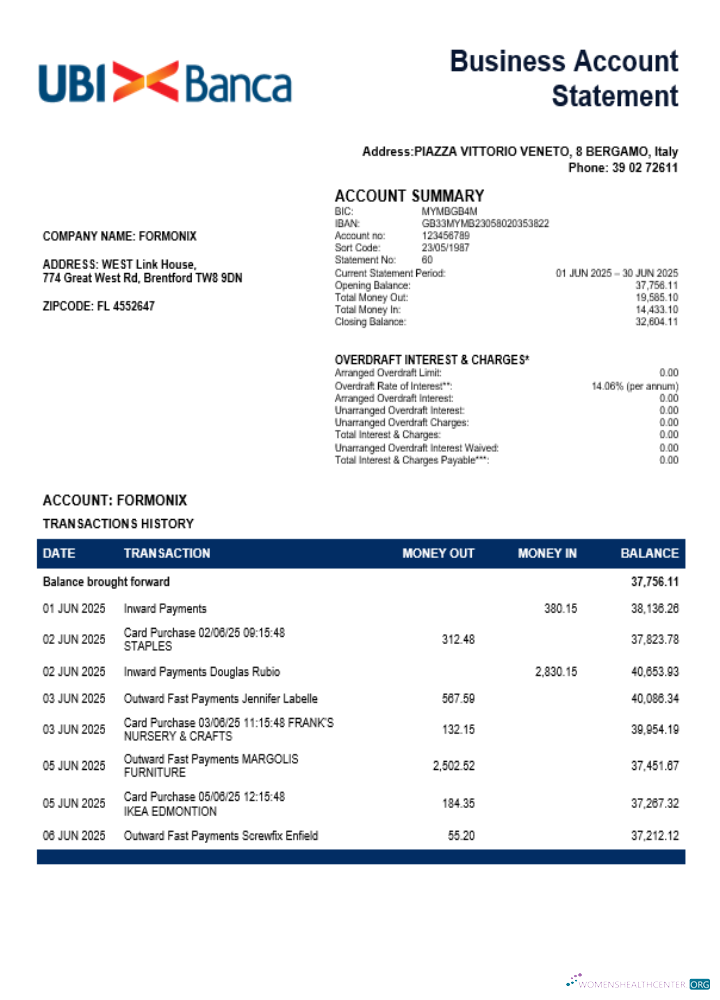 Download UBI BANCA bank company checking account statement Word and PDF format Photoshop template